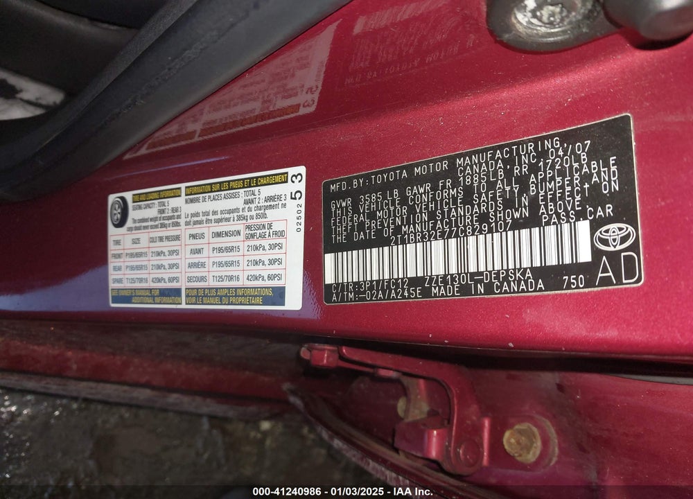 2007 TOYOTA COROLLA S VIN: 2T1BR32E77C829107