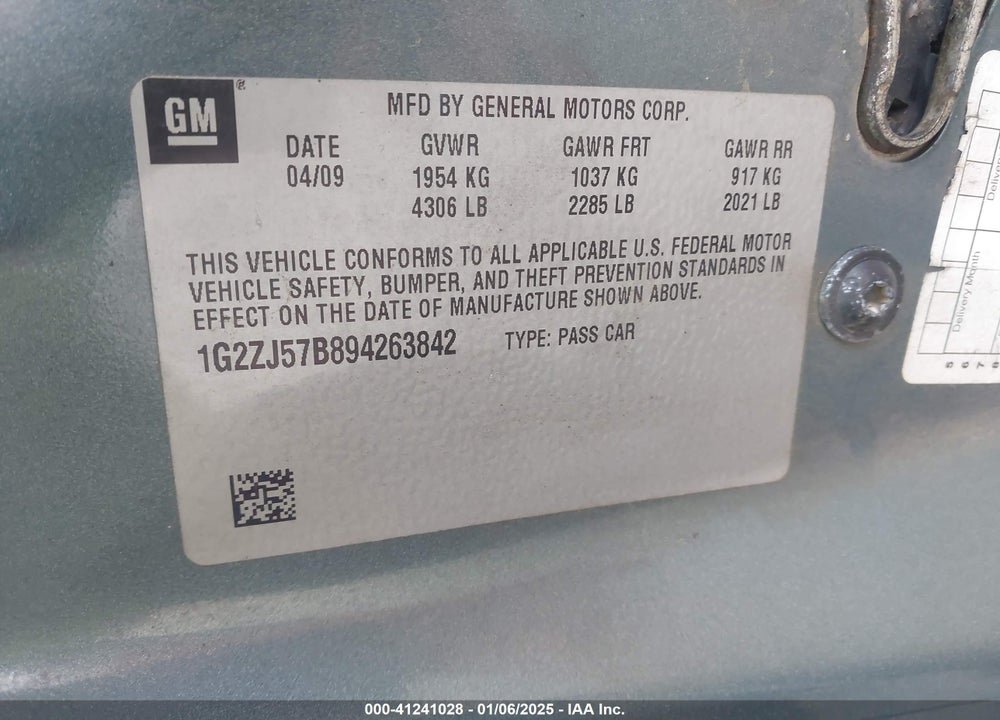 2009 PONTIAC G6 NEW SE VIN: 1G2ZJ57B894263842