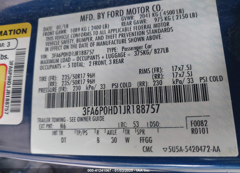 2018 FORD FUSION VIN: 3FA6P0HD1JR188757