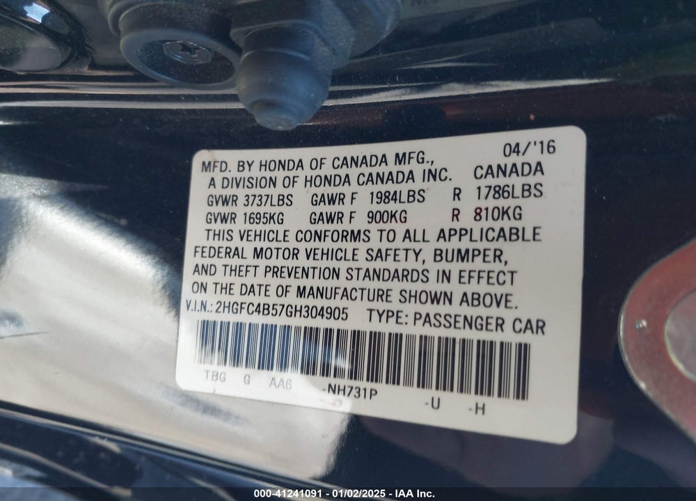 2016 HONDA CIVIC VIN: 2HGFC4B57GH304905