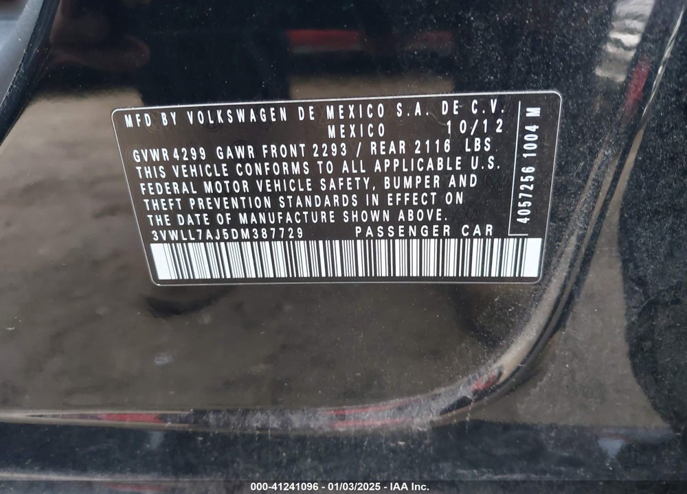 2013 VOLKSWAGEN JETTA VIN: 3VWLL7AJ5DM387729