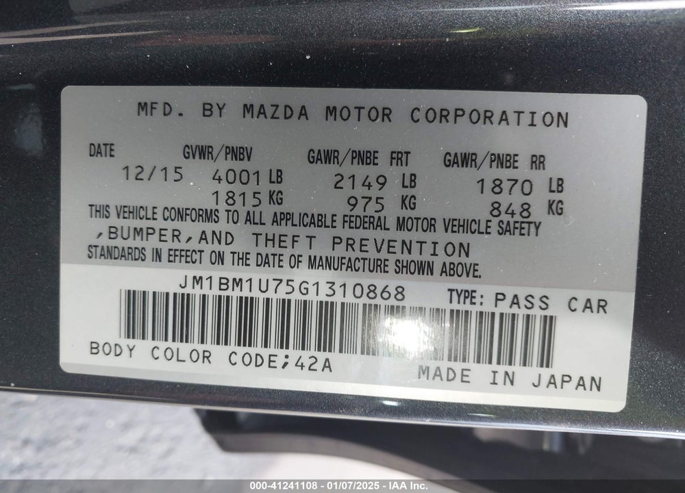 2016 MAZDA MAZDA3 VIN: JM1BM1U75G1310868