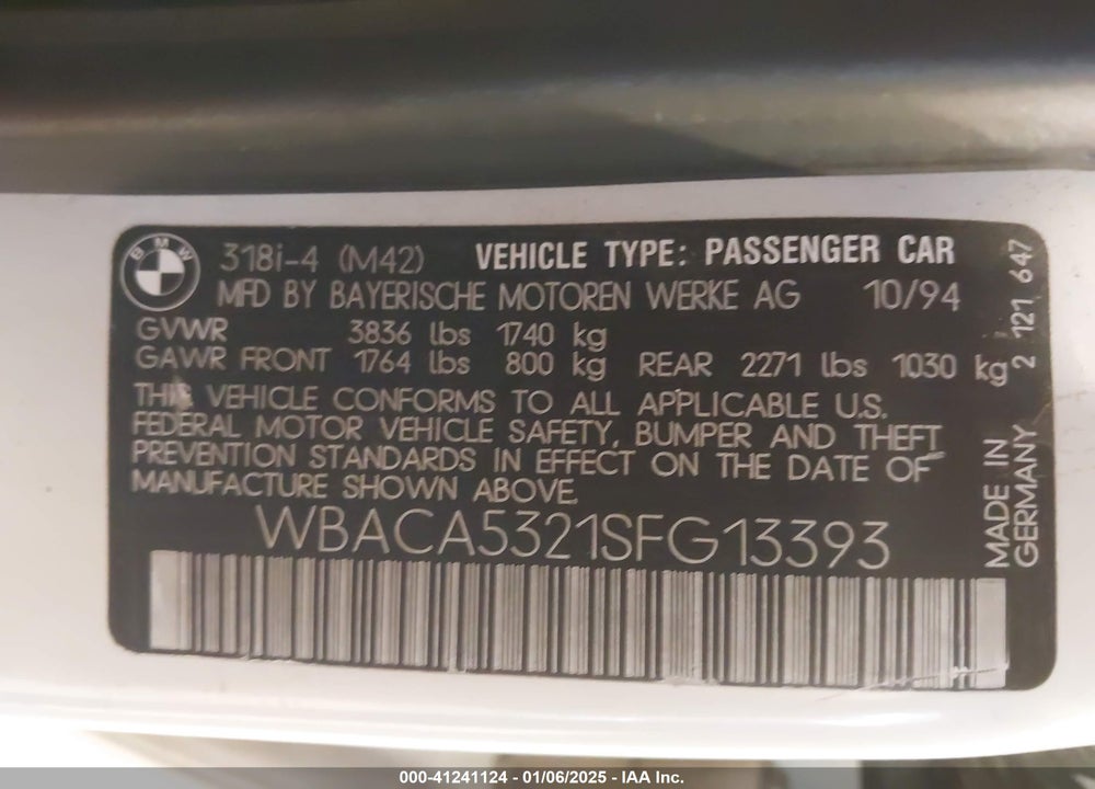 1995 BMW 318 I VIN: WBACA5321SFG13393