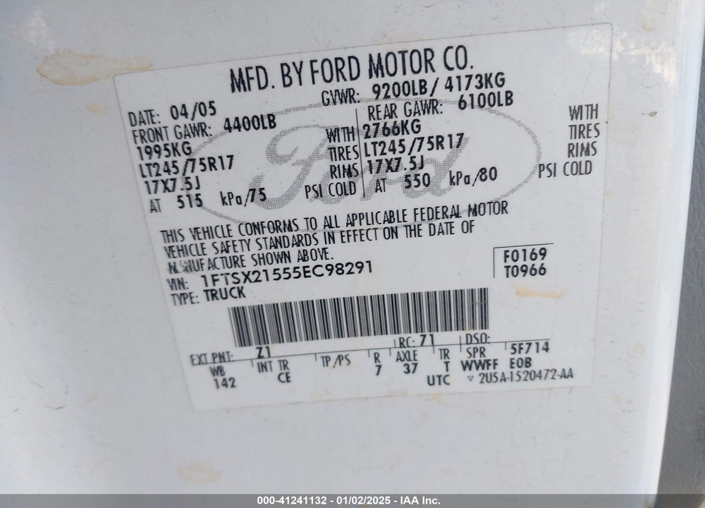 2005 FORD F-250 LARIAT/XL/XLT VIN: 1FTSX21555EC98291