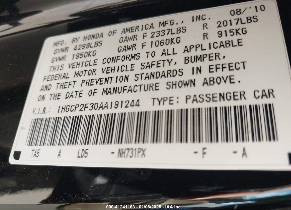 2010 HONDA ACCORD 2.4 LX VIN: 1HGCP2F30AA191244