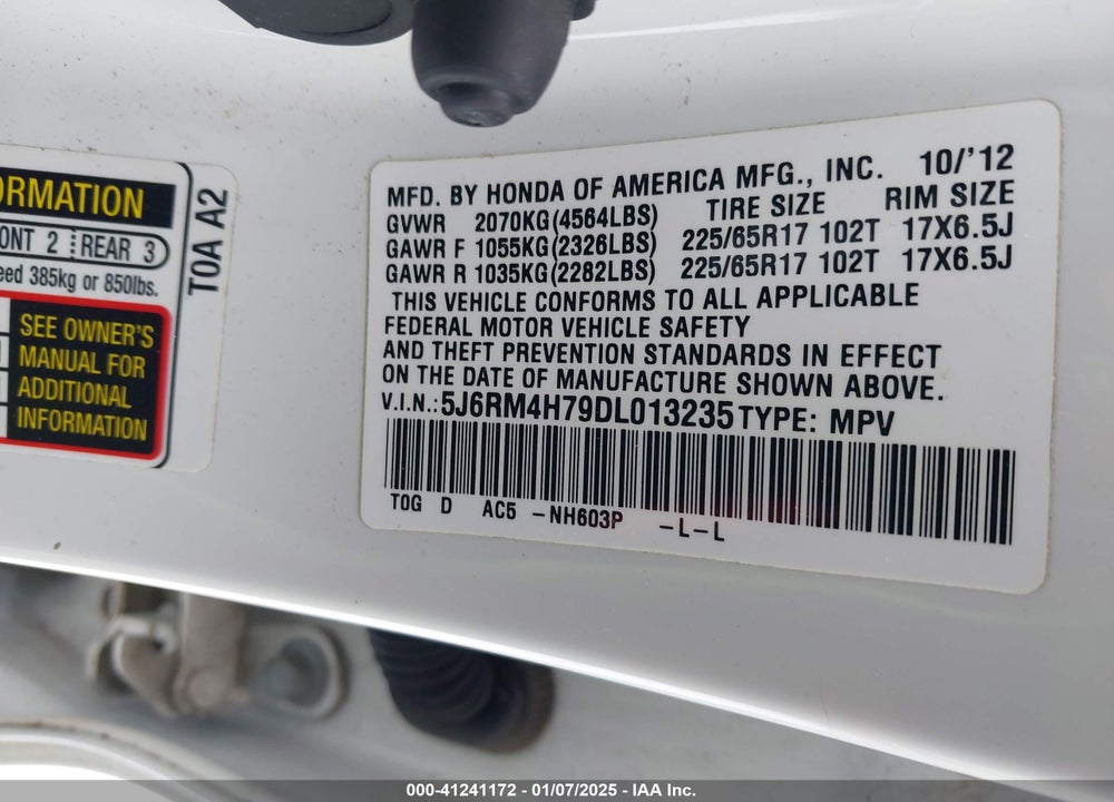2013 HONDA CR-V EX-L VIN: 5J6RM4H79DL013235