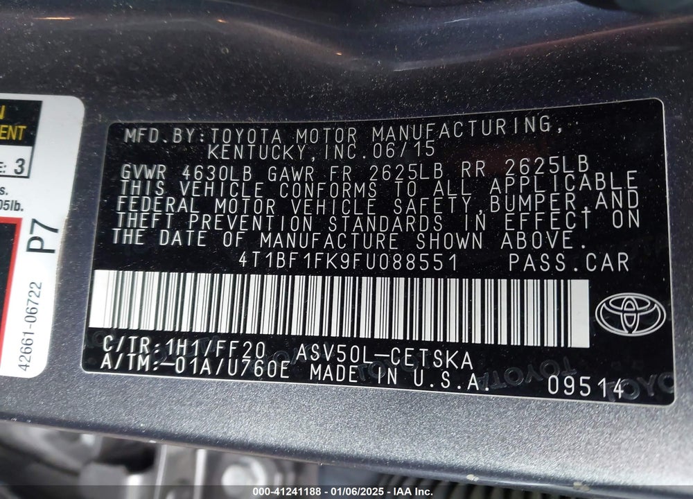 2015 TOYOTA CAMRY VIN: 4T1BF1FK9FU088551