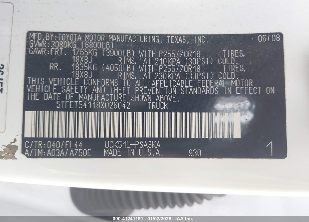 2008 TOYOTA TUNDRA VIN: 5TFET54118X026042