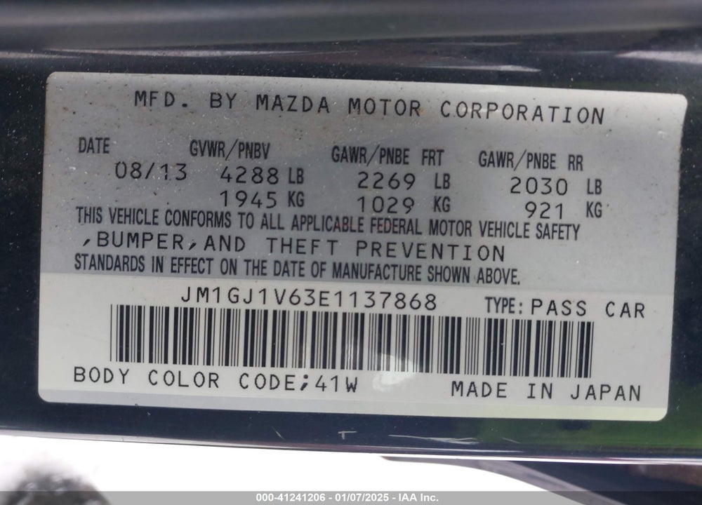 2014 MAZDA MAZDA6 VIN: JM1GJ1V63E1137868
