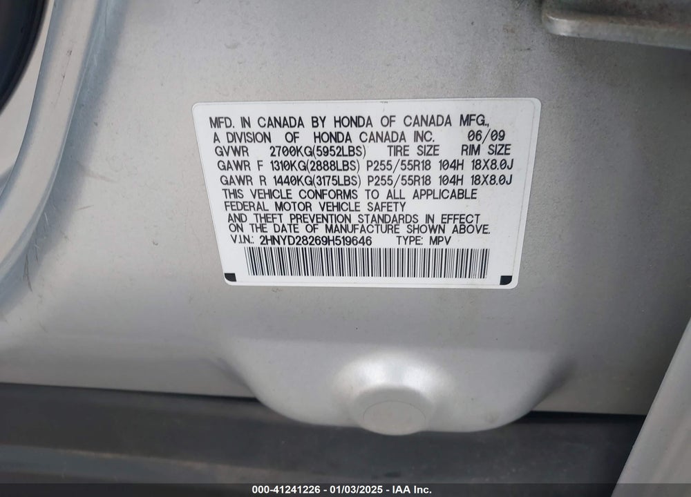 2009 ACURA MDX VIN: 2HNYD28269H519646