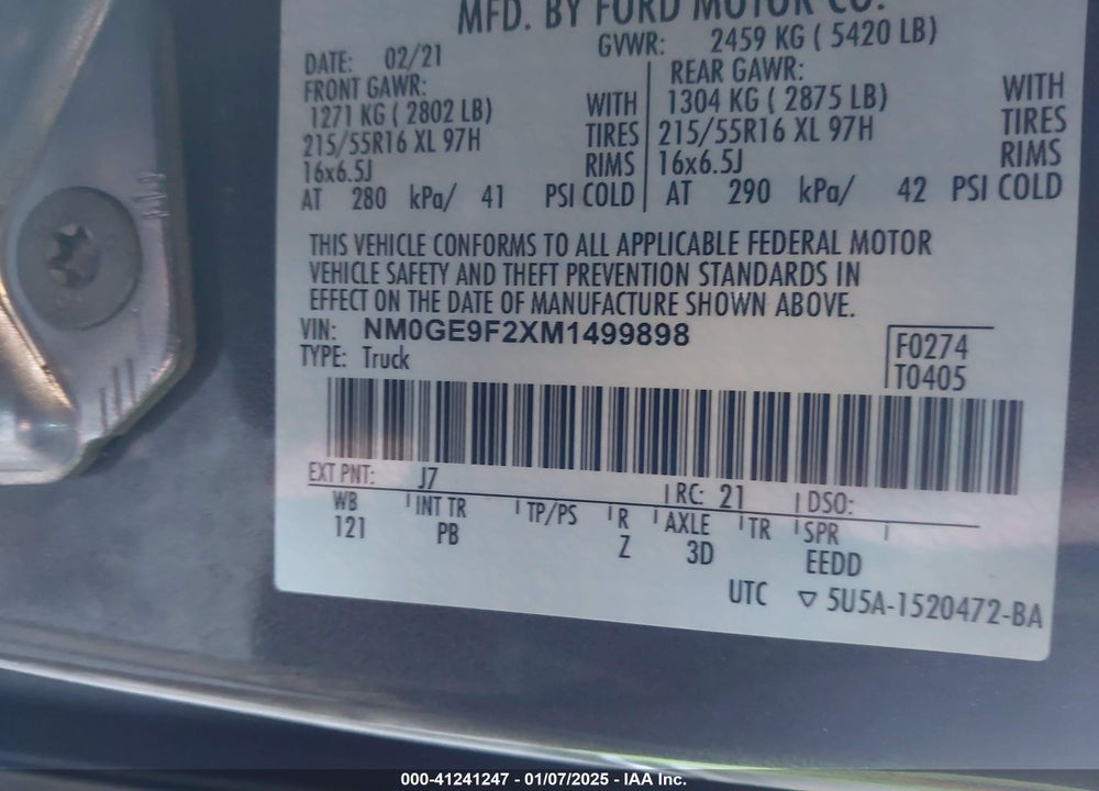 2021 FORD TRANSIT CONNECT VIN: NM0GE9F2XM1499898