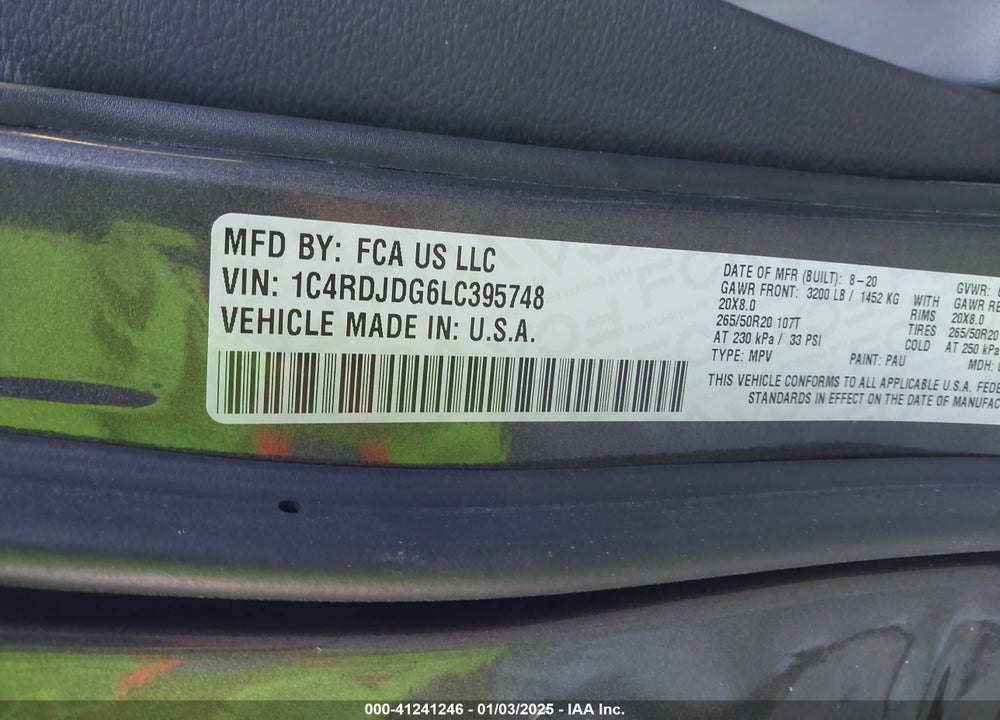2020 DODGE DURANGO GT PLUS AWD VIN: 1C4RDJDG6LC395748