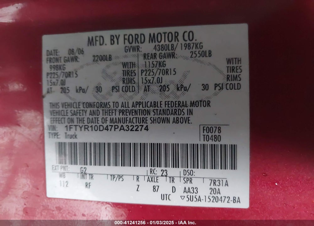 2007 FORD RANGER STX/XL/XLT VIN: 1FTYR10D47PA32274