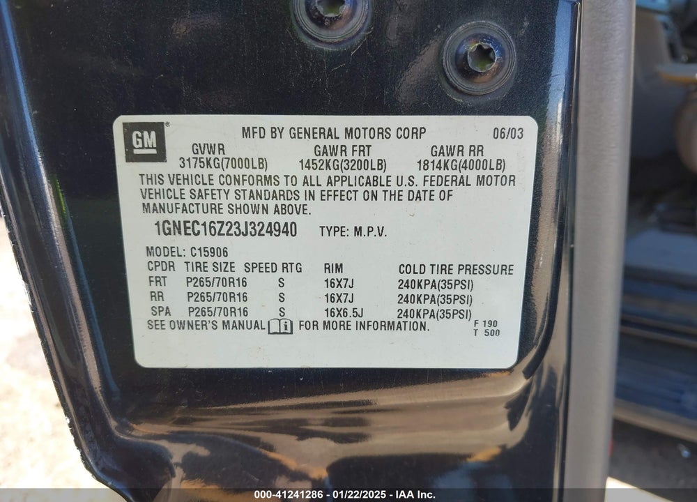 2003 CHEVROLET SUBURBAN 1500 LT VIN: 1GNEC16Z23J324940