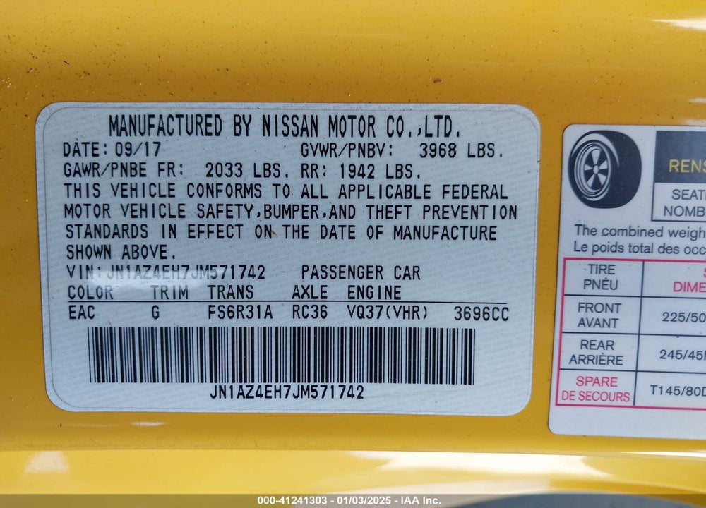 2018 NISSAN 370Z VIN: JN1AZ4EH7JM571742