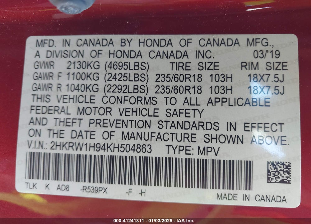 2019 HONDA CR-V TOURING VIN: 2HKRW1H94KH504863