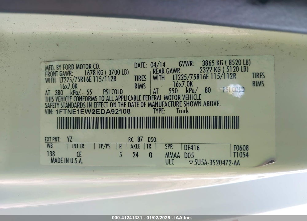 2014 FORD E-150 COMMERCIAL VIN: 1FTNE1EW2EDA92108