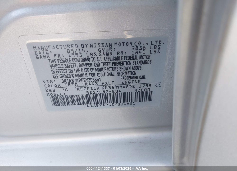2014 NISSAN SENTRA SR VIN: 3N1AB7AP6EY306851