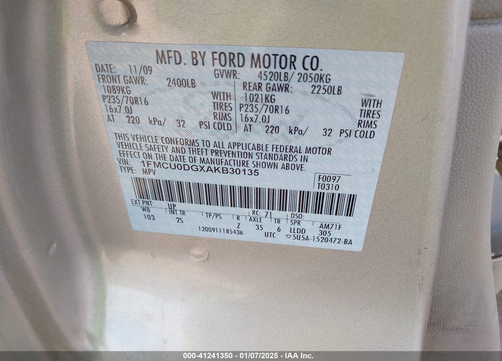 2010 FORD ESCAPE XLT VIN: 1FMCU0DGXAKB30135