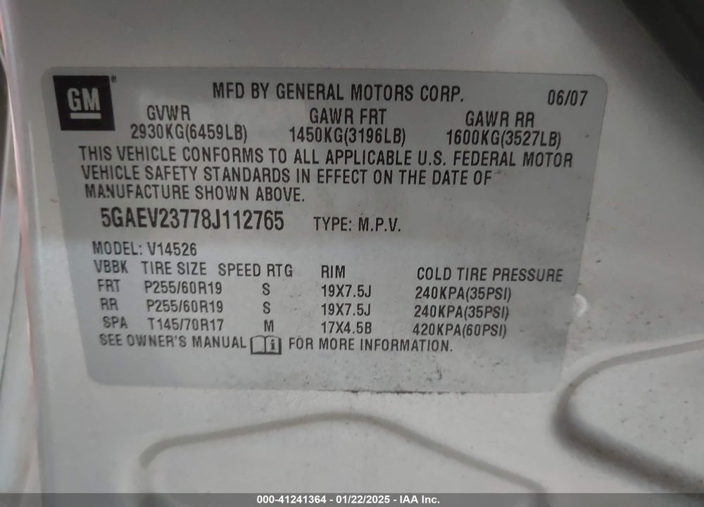 2008 BUICK ENCLAVE CXL VIN: 5GAEV23778J112765