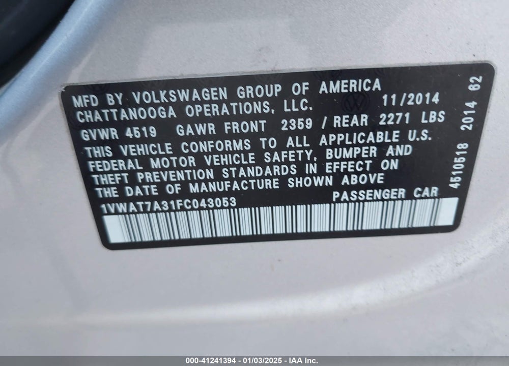 2015 VOLKSWAGEN PASSAT VIN: 1VWAT7A31FC043053