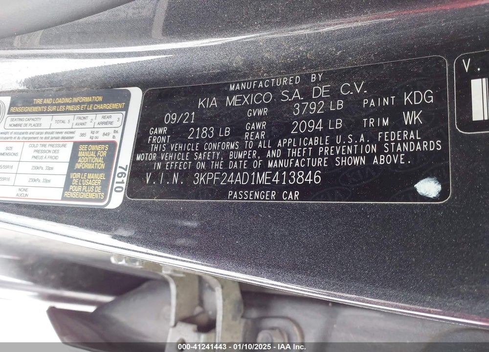 2021 KIA FORTE LXS VIN: 3KPF24AD1ME413846