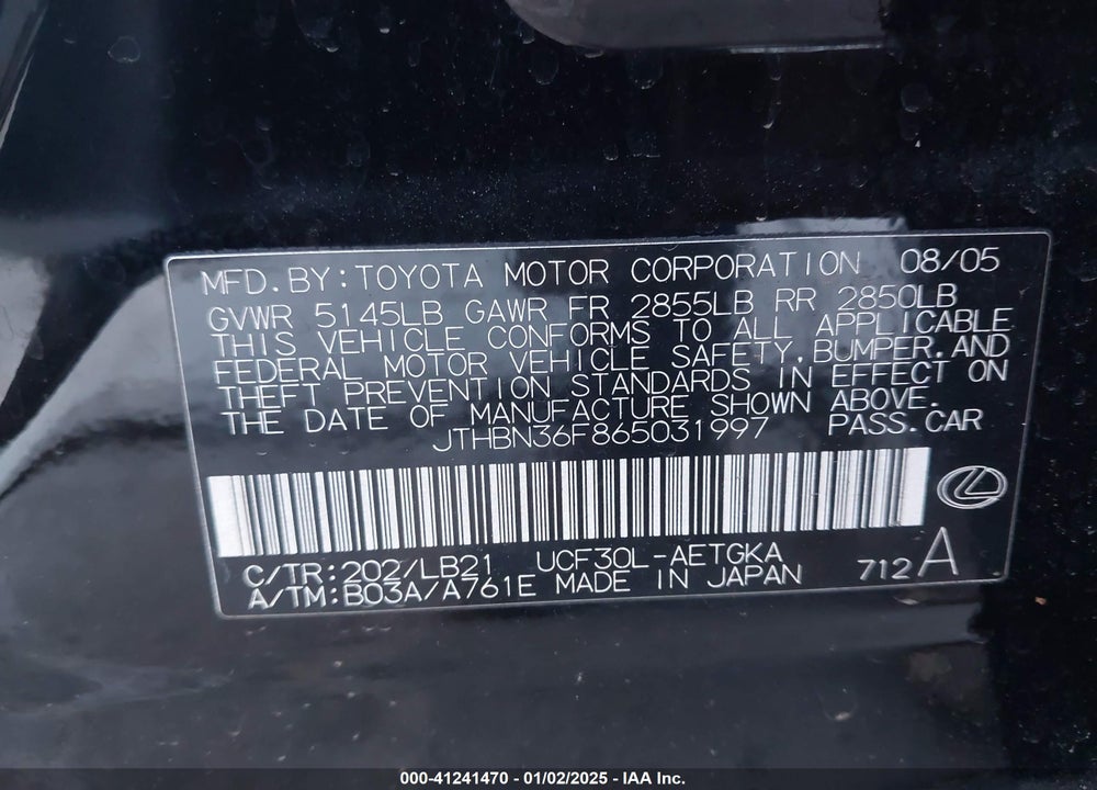 2006 LEXUS LS 430 VIN: JTHBN36F865031997