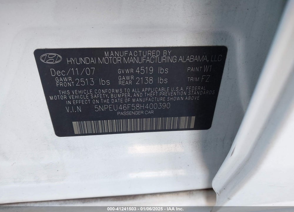 2008 HYUNDAI SONATA LIMITED V6/SE V6 VIN: 5NPEU46F58H400390