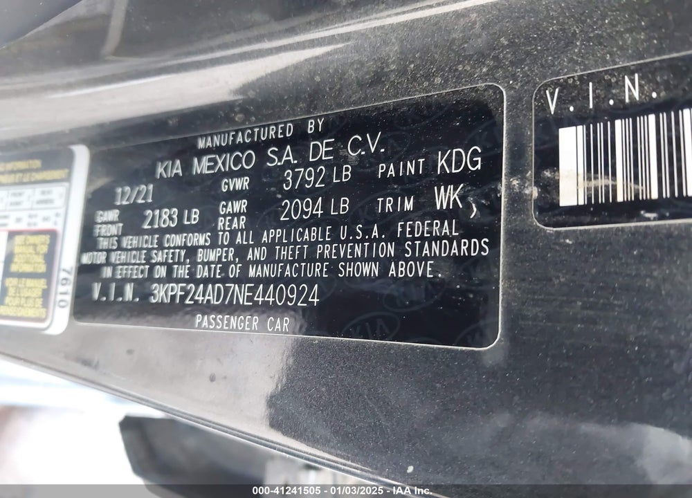 2022 KIA FORTE VIN: 3KPF24AD7NE440924