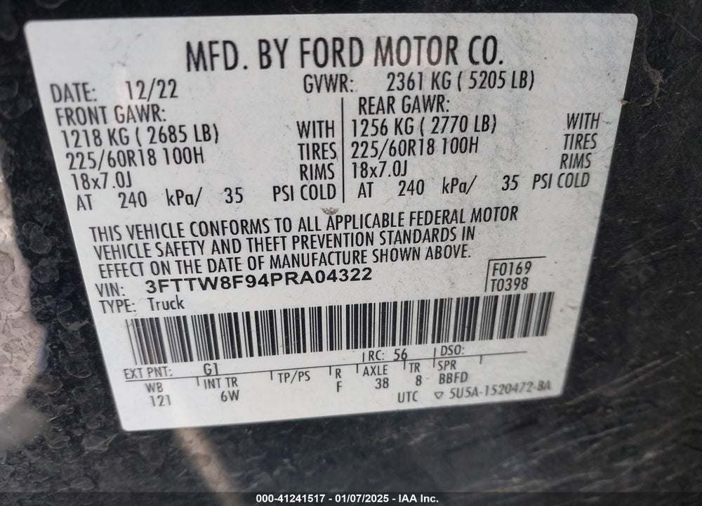 2023 FORD MAVERICK VIN: 3FTTW8F94PRA04322