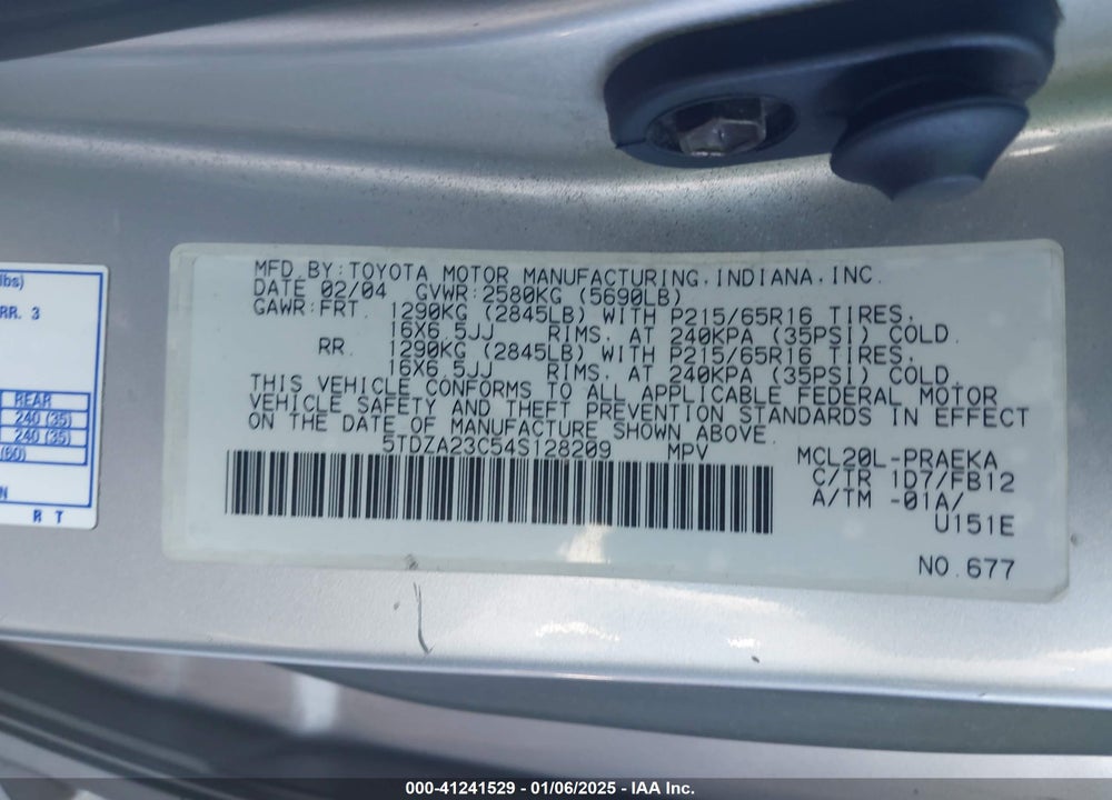 2004 TOYOTA SIENNA LE VIN: 5TDZA23C54S128209