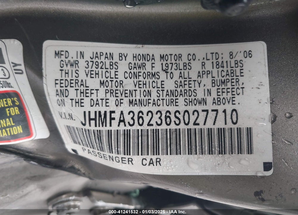 2006 HONDA CIVIC HYBRID VIN: JHMFA36236S027710