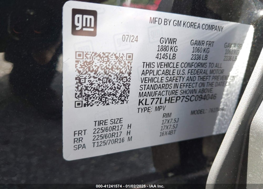 2025 CHEVROLET TRAX FWD LT VIN: KL77LHEP7SC094046