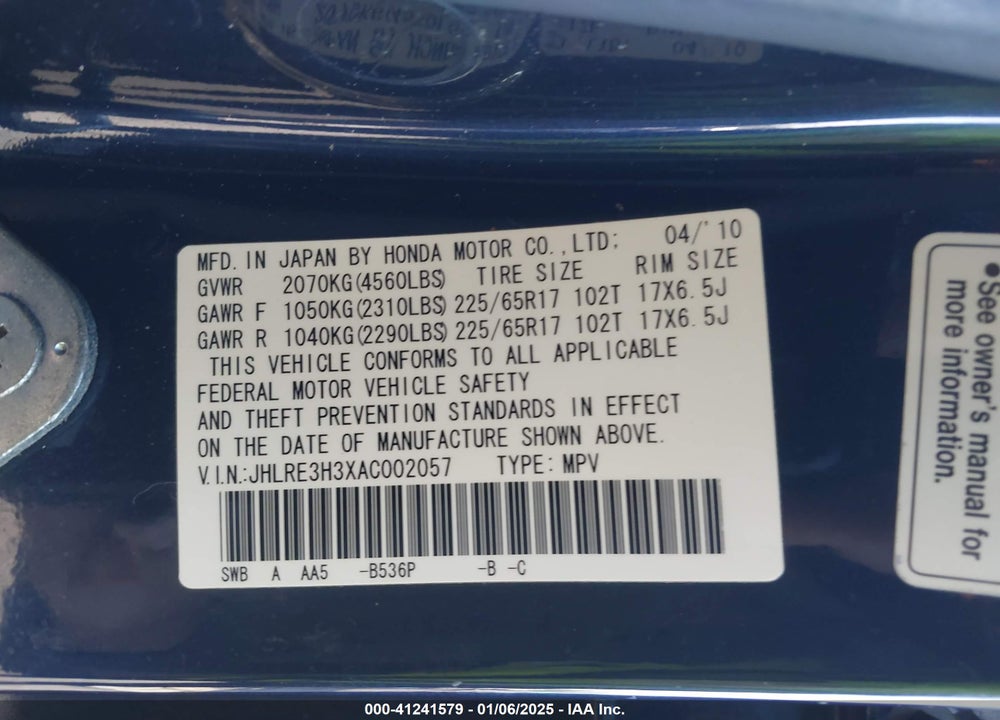 2010 HONDA CR-V LX VIN: JHLRE3H3XAC002057