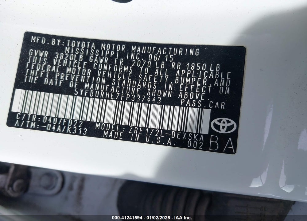 2015 TOYOTA COROLLA VIN: 5YFBURHE7FP337443