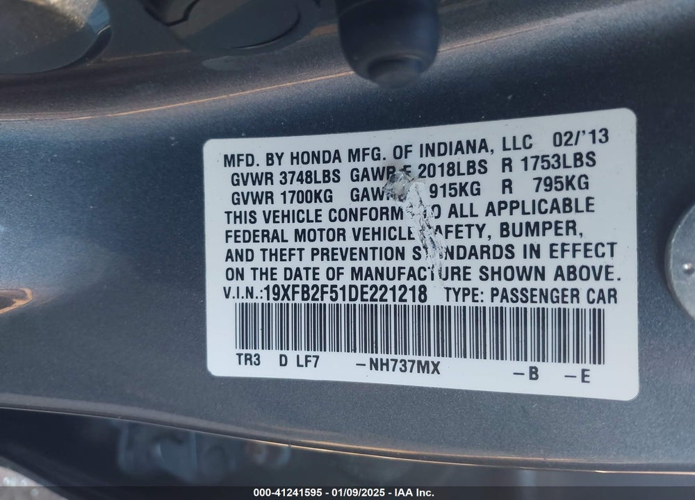 2013 HONDA CIVIC VIN: 19XFB2F51DE221218