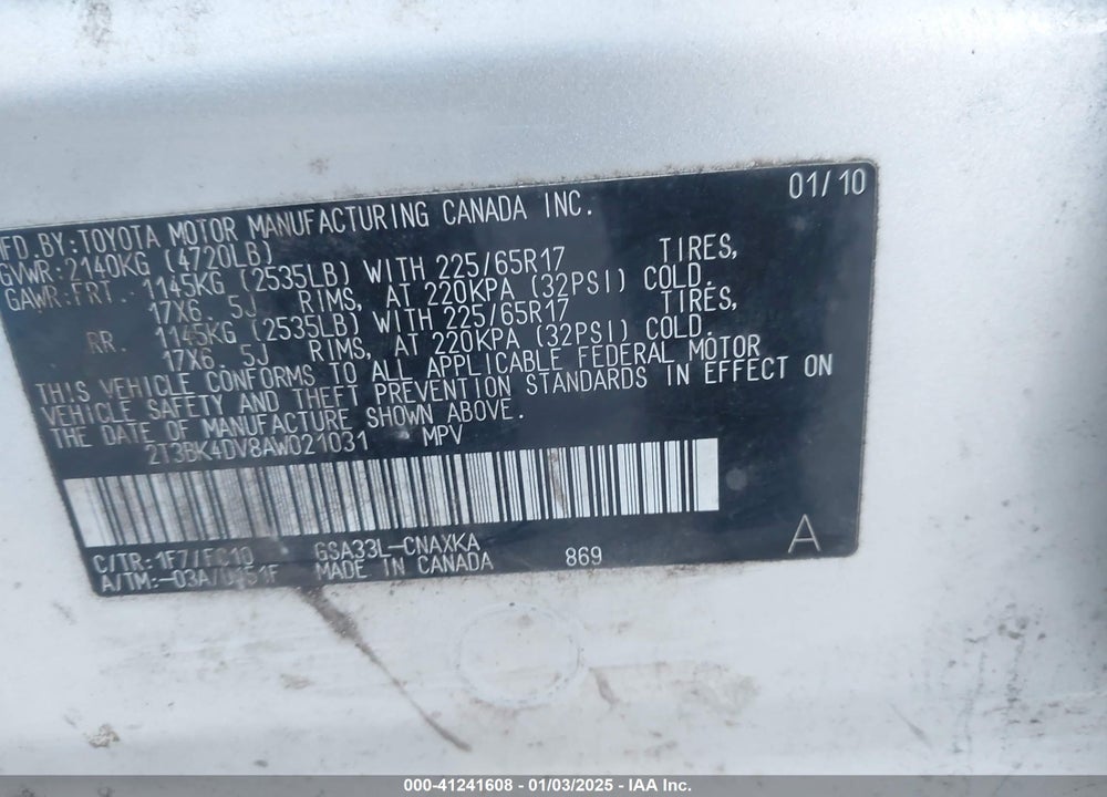 2010 TOYOTA RAV4 BASE V6 VIN: 2T3BK4DV8AW021031