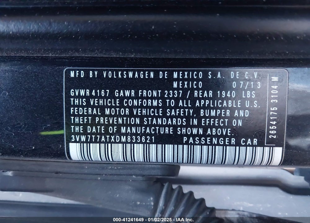 2013 VOLKSWAGEN BEETLE VIN: 3VW7T7ATXDM833621