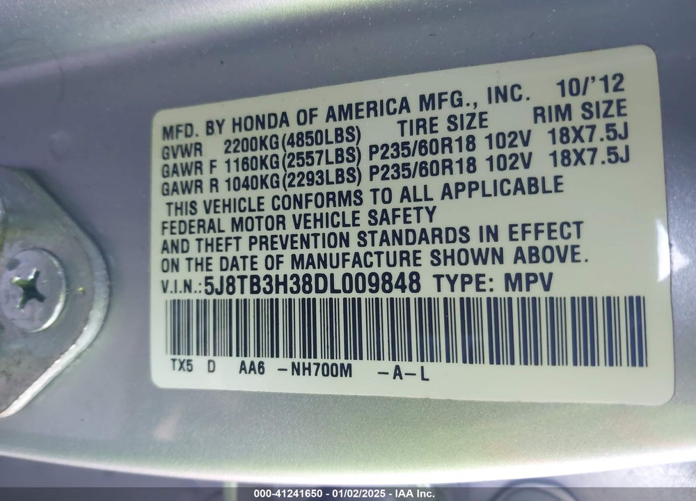 2013 ACURA RDX VIN: 5J8TB3H38DL009848