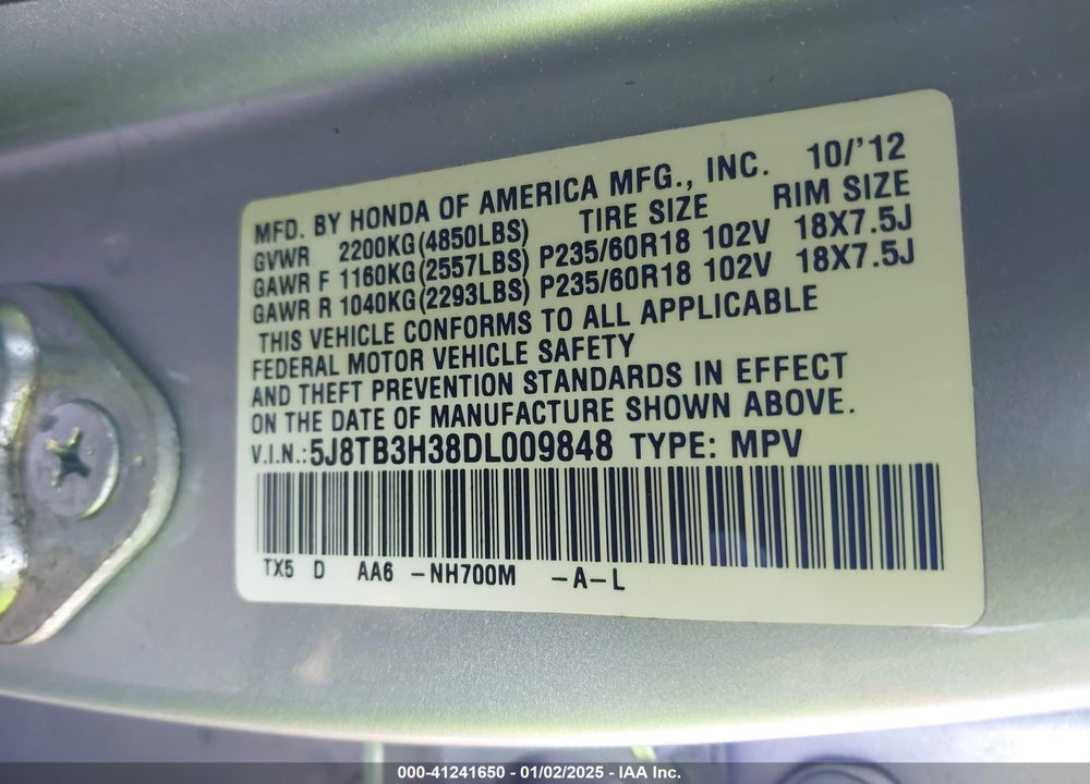 2013 ACURA RDX VIN: 5J8TB3H38DL009848