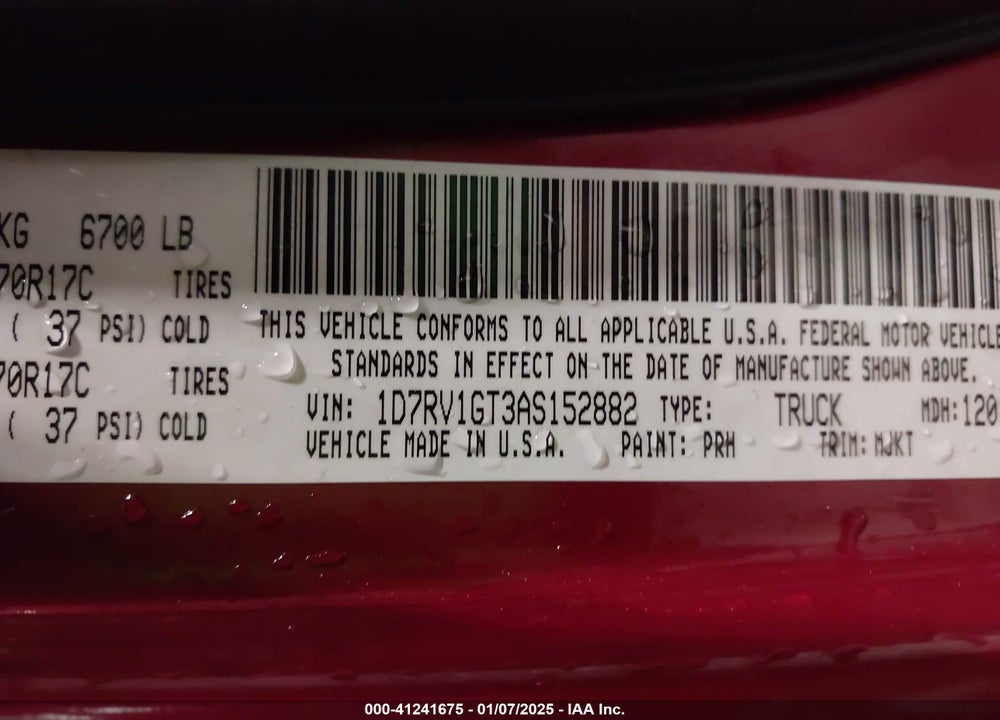 2010 DODGE RAM 1500 VIN: 1D7RV1GT3AS152882