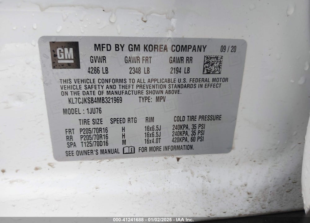 2021 CHEVROLET TRAX FWD LS VIN: KL7CJKSB4MB321969