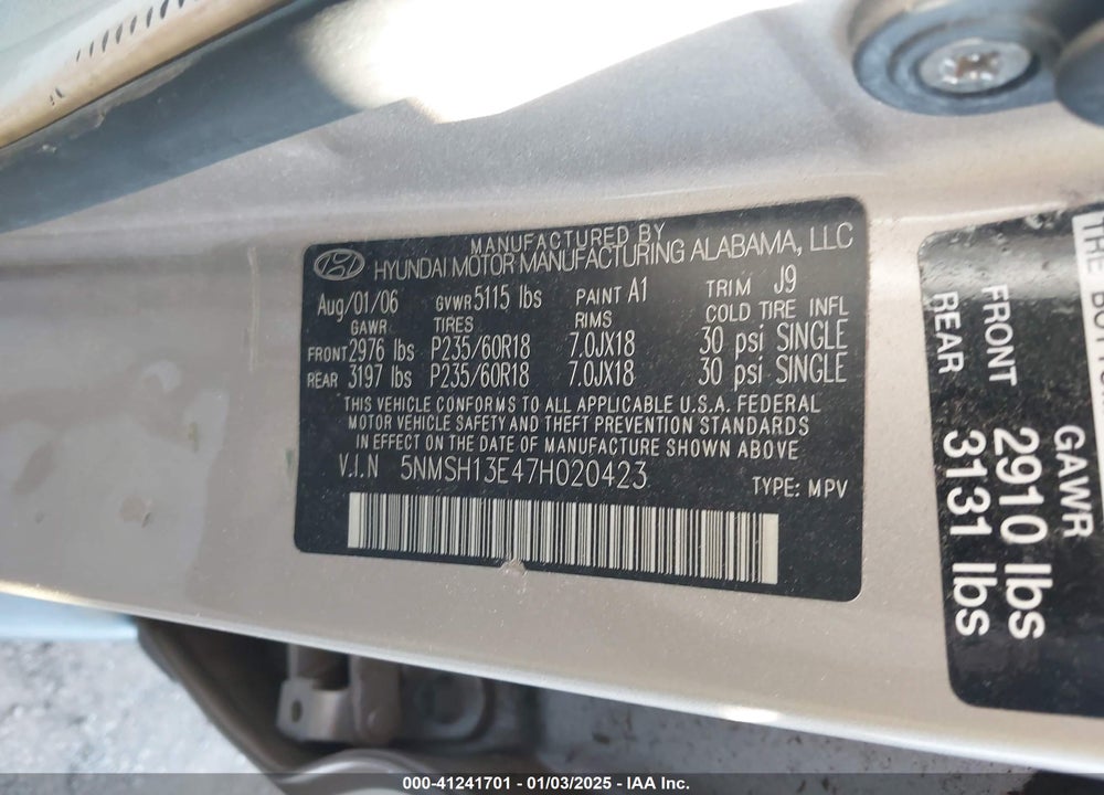 2007 HYUNDAI SANTA FE LIMITED/SE VIN: 5NMSH13E47H020423