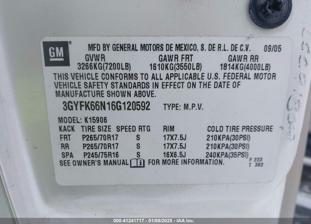 2006 CADILLAC ESCALADE ESV STANDARD VIN: 3GYFK66N16G120592
