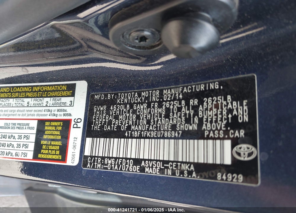 2014 TOYOTA CAMRY VIN: 4T1BF1FK9EU786947