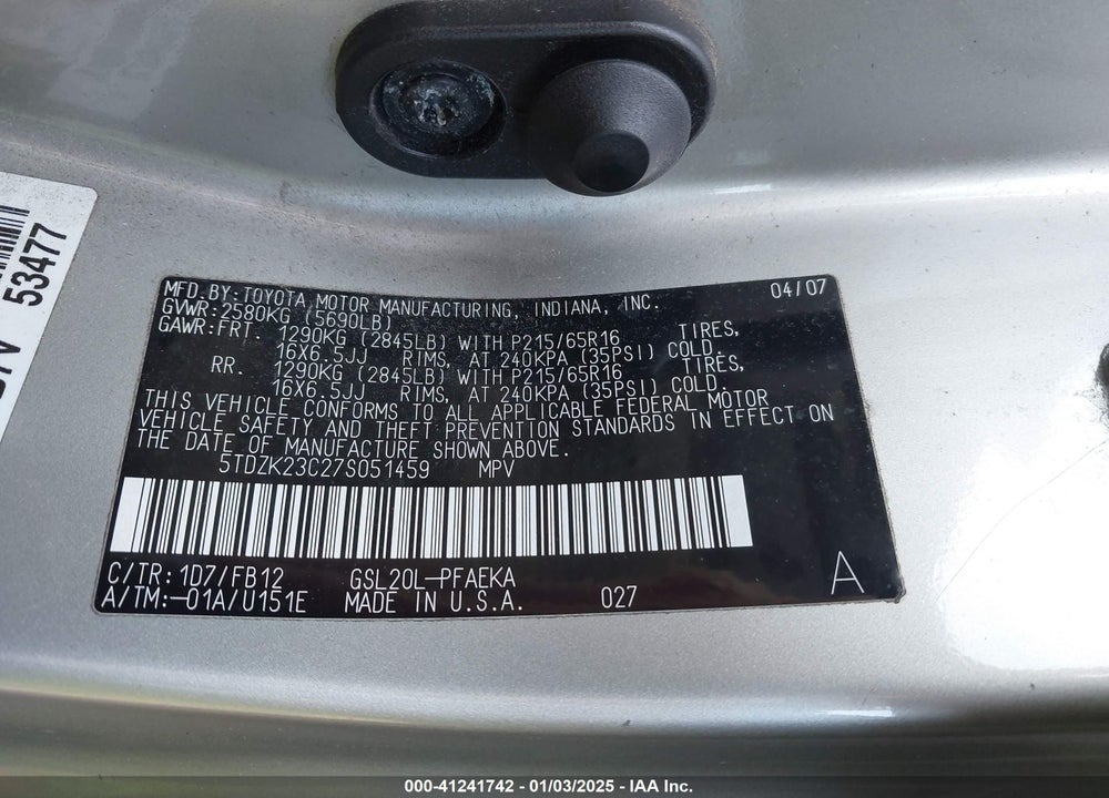 2007 TOYOTA SIENNA CE VIN: 5TDZK23C27S051459