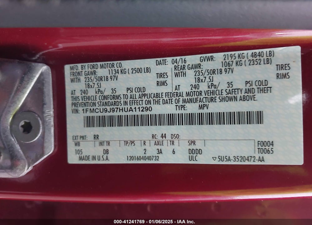 2017 FORD ESCAPE TITANIUM VIN: 1FMCU9J97HUA11290