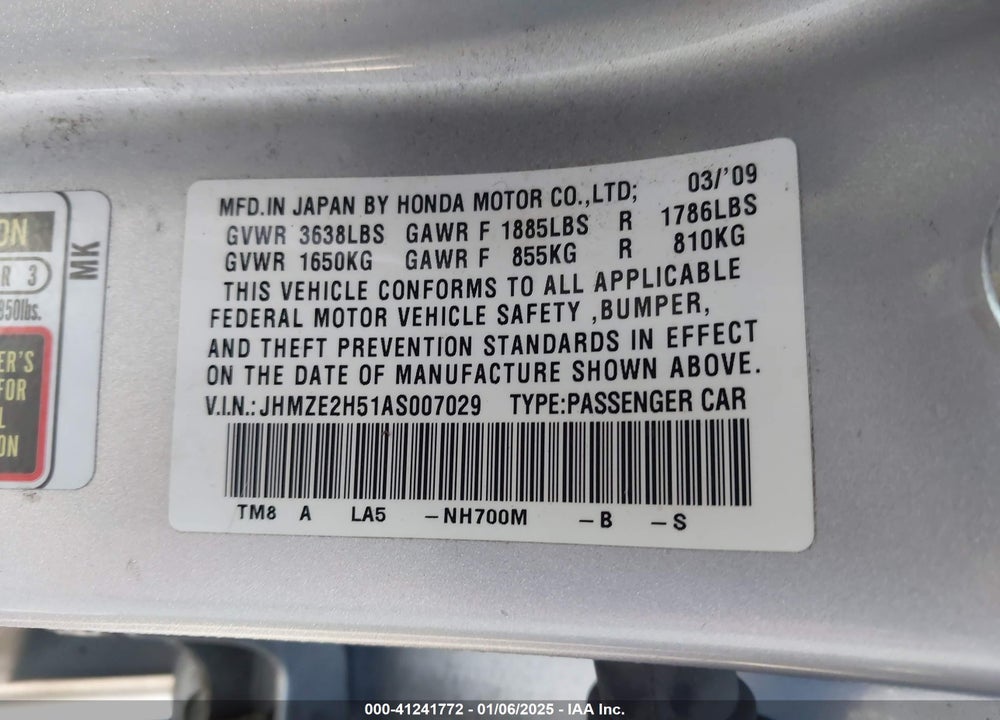 2010 HONDA INSIGHT VIN: JHMZE2H51AS007029