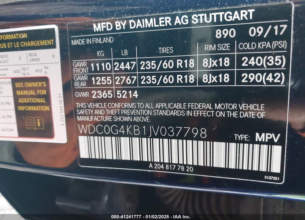 2018 MERCEDES-BENZ GLC 300 4MATIC VIN: WDC0G4KB1JV037798