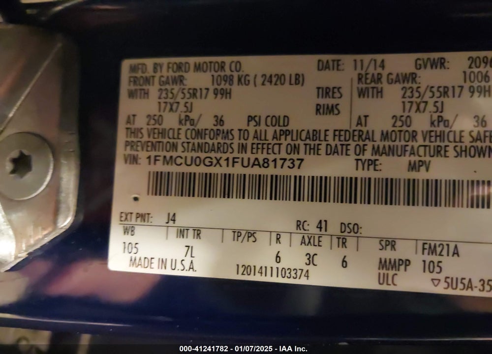 2015 FORD ESCAPE SE VIN: 1FMCU0GX1FUA81737